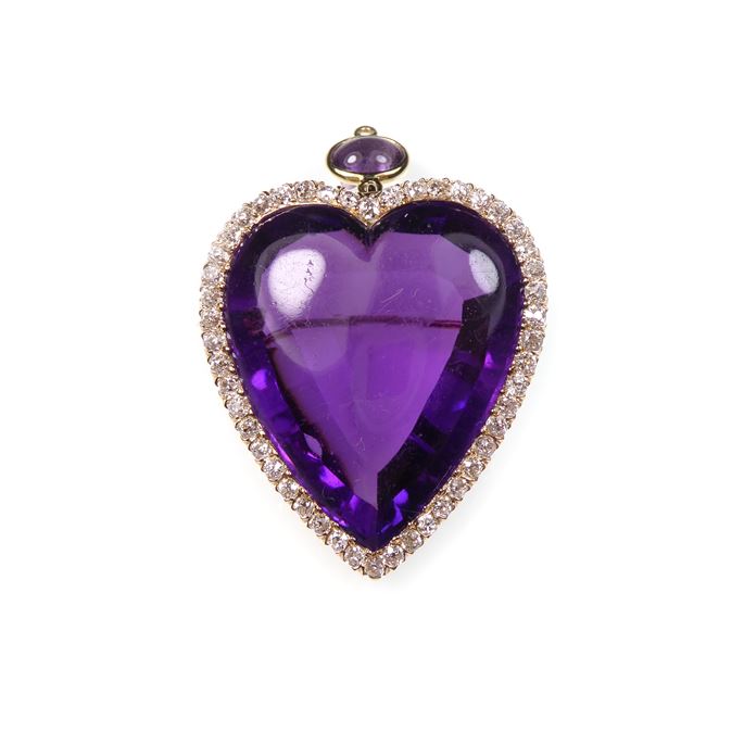Antique cabochon amethyst and diamond cluster heart pendant brooch | MasterArt